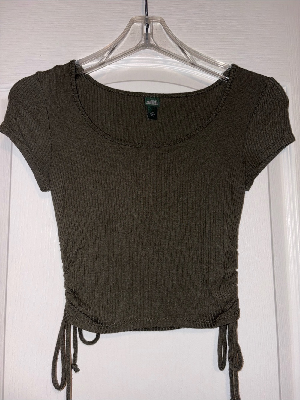 Olive Ribbed Drawstring Crop Top - Wild Fable